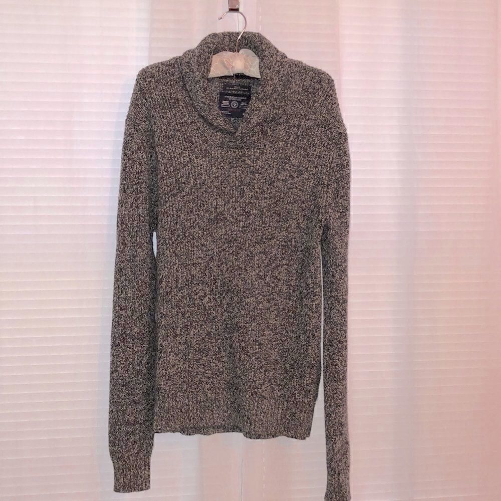 AE M Shawl Neck Wool Cotton Blend Heather Indigo Gray Knit Sweater